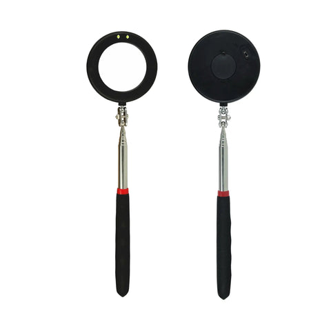 Two telescoping 360 degree inspection mirrors with LED lights on extendable flexible sticks for auto maintenance and foot inspections.
