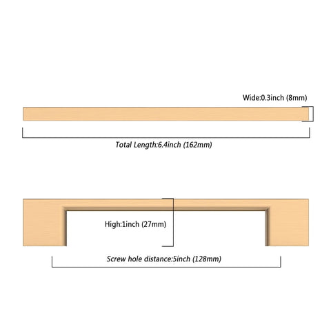Dimensions diagram for Ten Pack 5 Inch Center To Center Zinc Alloy Champagne Bronze Kitchen Cabinet Handles Drawer Pulls.
