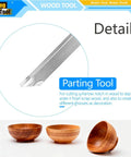 Close-up of stainless steel blade tip of Parting And Grooving Wood Turning Tool For Lathe Pros above wooden bowls.