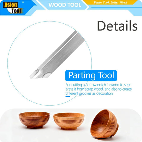 Close-up of stainless steel blade tip of Parting And Grooving Wood Turning Tool For Lathe Pros above wooden bowls.