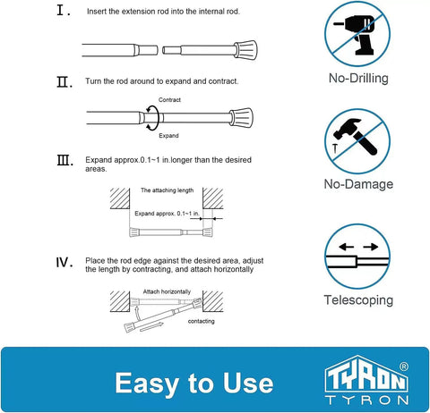 Instructions for No Drill Adjustable Spring Curtain Rod 28 To 40 Inches White, Fast Install Tension Rod With Durable Suction End Caps