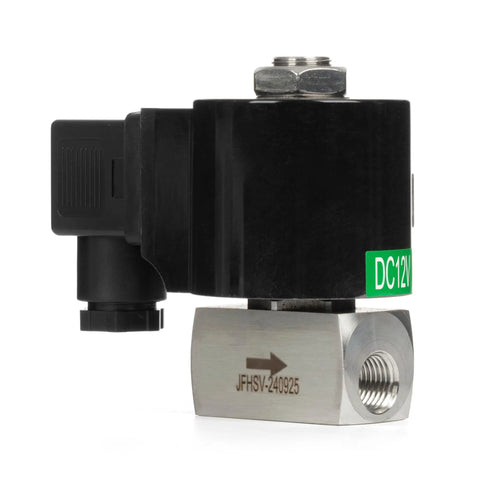 Quarter Inch High Pressure Solenoid Valve 160 Bar Stainless Steel 12V DC High Temperature IP65 side view