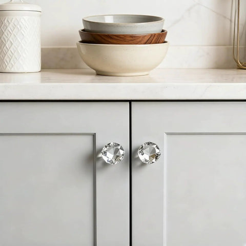 Clear Crystal Glass Door Knobs 5 Piece Set Round Diamond Ball Shaped Cabinet Wardrobe Drawer Handles on gray cupboard