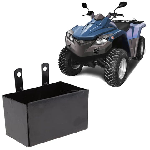 Slick Road Ready Motorcycle Battery Box Heavy Duty Metal Protective Case with pre-drilled holes beside a dirtbike.