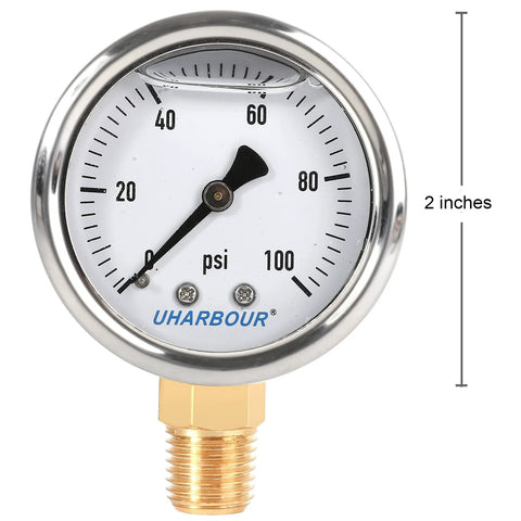 Liquid-filled fuel pressure gauge 2 inch, 0-100 PSI, stainless steel case