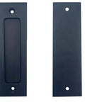 Front and back view of Six Inch Flat Black Sliding Barn Door Handles Two Pack Flush Pulls For Barn Doors Closets Drawers And Cabinets