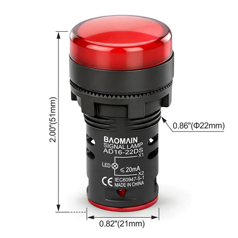 Industrial 22mm LED Indicator Light 220V AC Pilot Signal Lamp, red lens, 7/8 inch panel mount with screw terminal, front view