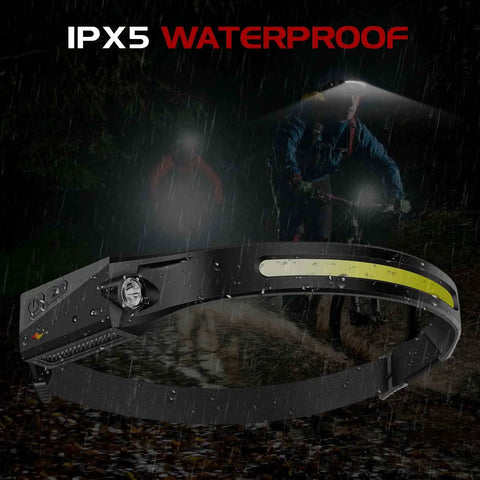 Go-To Rechargeable Headlamp Flashlight 3-Pack With 230 Degree Wide Beam And Motion Sensor displayed in rainy outdoor setting