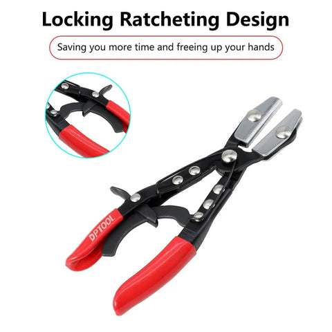 Close-up of locking ratcheting design on Three Piece Hose Pinch Off Pliers Set 8 10 12 Inch Auto Clamp Off Locking Pliers for car maintenance.