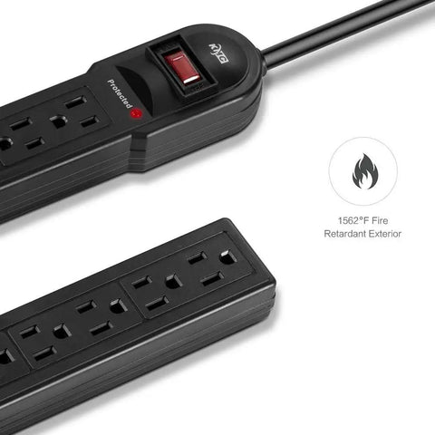 Close-up of Six Outlet Surge Protector Power Strip With 735 Joules Of Surge Protection Overload Shield Two Foot Cord Multipack Of Ten