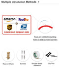 Weather Resistant Aluminum Package Delivery Sign 8X12 showing delivery options and installation methods for outdoor use.
