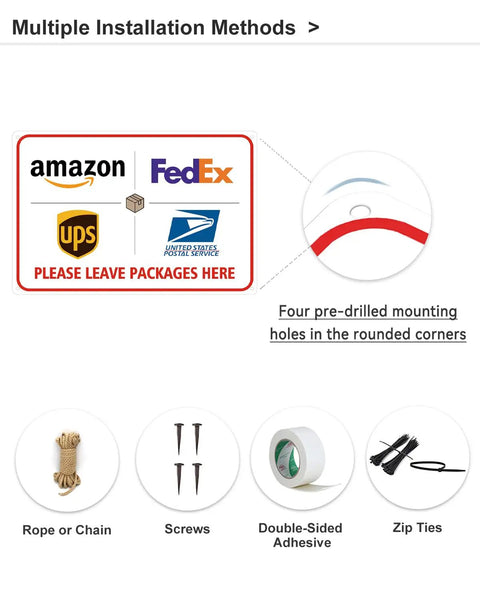Weather Resistant Aluminum Package Delivery Sign 8X12 showing delivery options and installation methods for outdoor use.