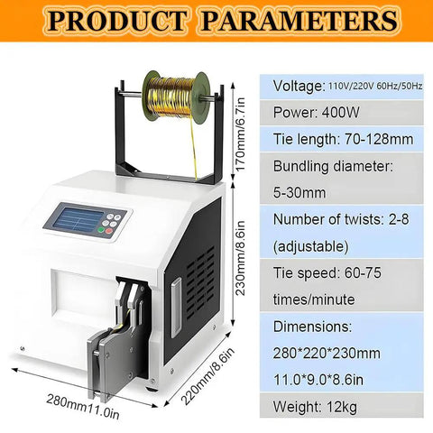 Dead Simple Automatic Twist Tie Machine With Five Shiny Gold Metallic Wire Rolls, dimensions 280x220x230mm, 400W power.