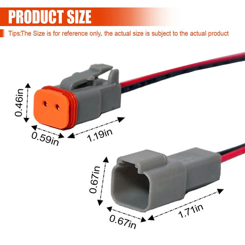 Deutsch 2 Pin Waterproof Automotive Electrical Connectors with size dimensions and red-black 17AWG wiring, durable nylon shell.