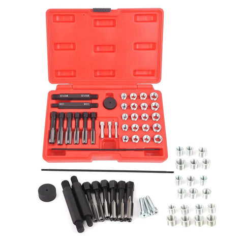 33 Piece Glow Plug Thread Repair Kit For Diesel Cylinder Heads With Tap Insert Driver and Guide Pins in red carry case with tools and inserts.