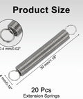 20 Pcs Premium Extension Springs 0.02 Inch X 1.18 Inch Coiled Tension Hardware for Heavy Duty Industrial Projects, showing size details.