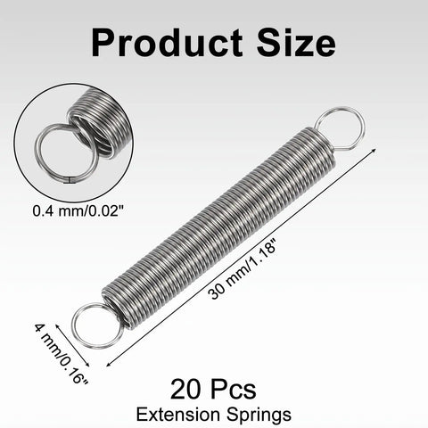 20 Pcs Premium Extension Springs 0.02 Inch X 1.18 Inch Coiled Tension Hardware for Heavy Duty Industrial Projects, showing size details.