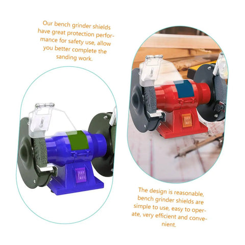 Stainless Steel Bench Eye Shield Kit For 8 Inch Bench Grinders, shown attached to red and blue bench grinders.