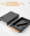 Sturdy Espresso Knocker Drawer And Coffee Knock Box With Shock Absorbing Removable Knock Bar Made From Durable Rubber And Steel To Corral Coffee Grounds Without Mess While Freeing Up Sweet Countertop Real Estate For Hassle Free Daily Shot Pulling Vibes showing detachable black knock box with wooden handle.