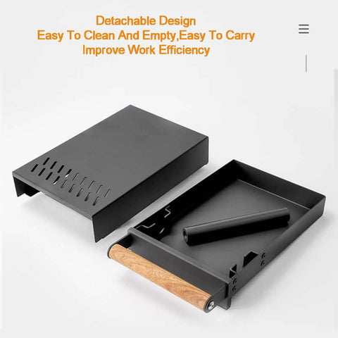 Sturdy Espresso Knocker Drawer And Coffee Knock Box With Shock Absorbing Removable Knock Bar Made From Durable Rubber And Steel To Corral Coffee Grounds Without Mess While Freeing Up Sweet Countertop Real Estate For Hassle Free Daily Shot Pulling Vibes showing detachable black knock box with wooden handle.