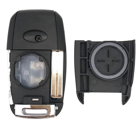 Kia 4 Button Folding Key Fob Shell Replacement Case For Optima Sorento Sportage Rio Soul Forte Carens No Circuit Board Inside Use Your Own Chip No Reprogramming Needed Easy Drop In Fit Keyless Entry Cover showing open case with no circuit board