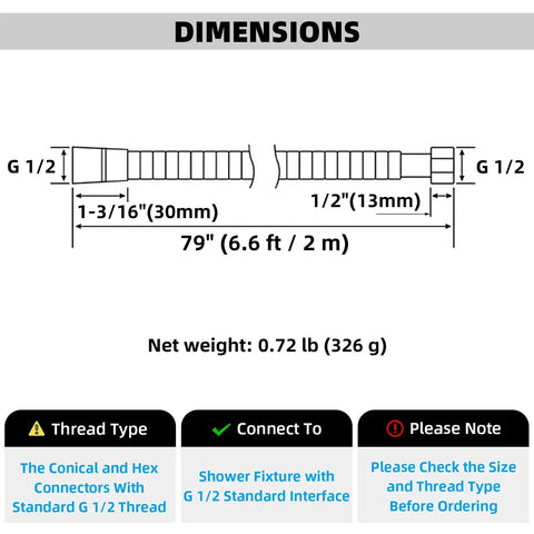 Dimensions of Oil Rubbed Bronze 79 Inch Stainless Steel Handheld Shower Hose Replacement With G One Half Thread