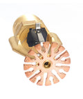 Real Deal Pendent Fire Sprinkler Head Featuring Fast Response Copper Build With One Inch Male Thread for quick hookup, copper finish, glass bulb trigger.