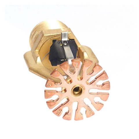 Real Deal Pendent Fire Sprinkler Head Featuring Fast Response Copper Build With One Inch Male Thread for quick hookup, copper finish, glass bulb trigger.