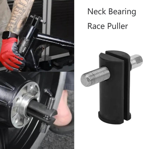 Beefy Universal Steering Neck Bearing Race Puller For 1-1/8 Inch To 2-5/8 Inch ID Races displayed in use on motorcycle.