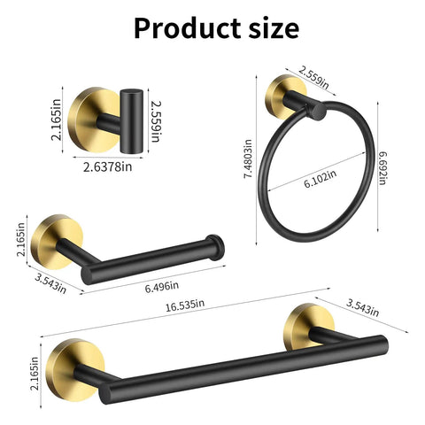 5 Piece Black Gold Bathroom Hardware Set With 16 Inch Towel Bar, Towel Ring, 2 Towel Hooks And Toilet Paper Holder dimensions diagram