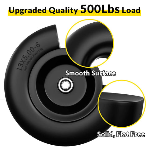 Flat Free 13x5.00-6 Tire And Wheel Set For Zero Turn Mowers, Built Tough No Flats, 500 Lb Load, black smooth surface