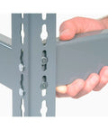 Close-up of Rock Solid Heavy Duty Boltless Shelving Unit 48 X 18 X 60 Inches Steel components being assembled.