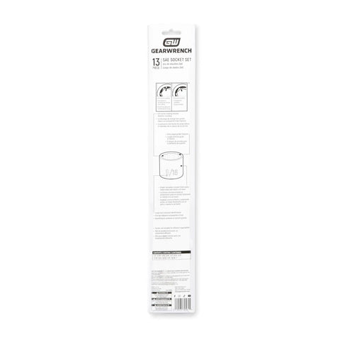 Packaging of Three-Eighths Inch Drive 12 Point Standard Socket Set SAE 13 Piece With Off-Corner Loading Design Chamfered Opening Guides