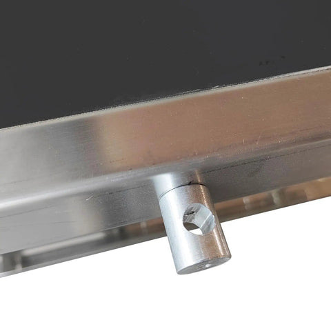 Close-up of stainless steel frame on PVC Flat Belt Conveyor Machine 177x11.8 Inch Industrial Heavy Duty Transport Belt 110V 370W Adjustable Speed Electric Conveyor Black For Bottles Caps Bags Boxes Labels Sorting.