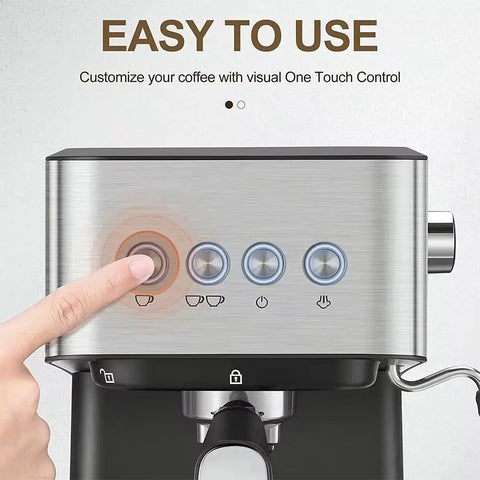 Skip The Long Line With This Fire 20 Bar Espresso Machine Featuring Programmable Settings integrated with easy one-touch control.