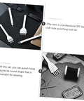 8-Piece Leather Craft Tool Kit with sharp rhombus-tooth punches and needles on black fabric and leather materials.