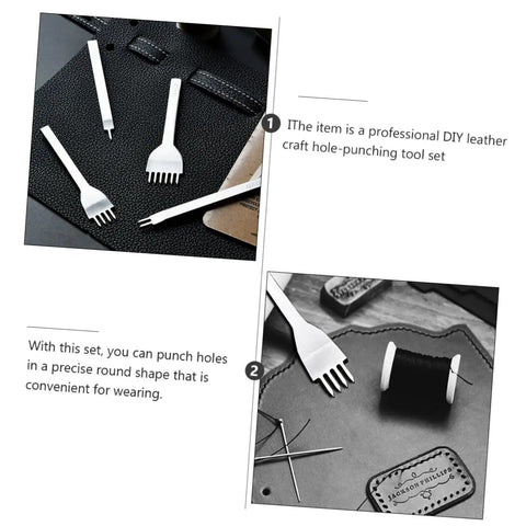 8-Piece Leather Craft Tool Kit with sharp rhombus-tooth punches and needles on black fabric and leather materials.