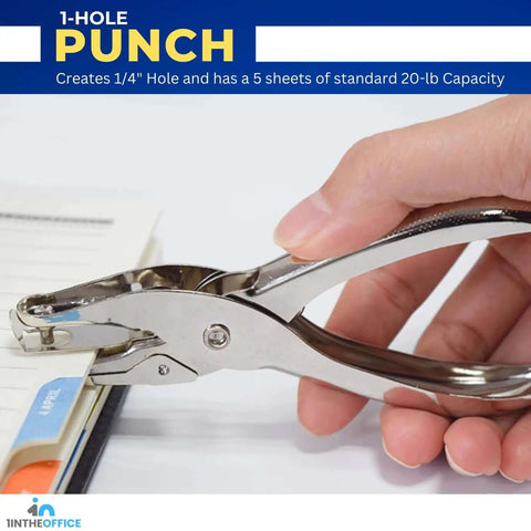Heavy Duty All Metal One Quarter Inch Single Hole Punch Handheld Punch being used on paper for crafts, shows all-metal design