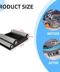 Motorcycle Wheel Cleaning Stand With Cleaning Brush Kit Universal Roller Paddock For Dirt Street Bikes And Ebikes For Tire Cleaning And Chain Lubrication Designed For Bikes Under 500 Lbs And Tire Width Under 180 Mm. Image showing size and rollers of stand with before and after usage example.