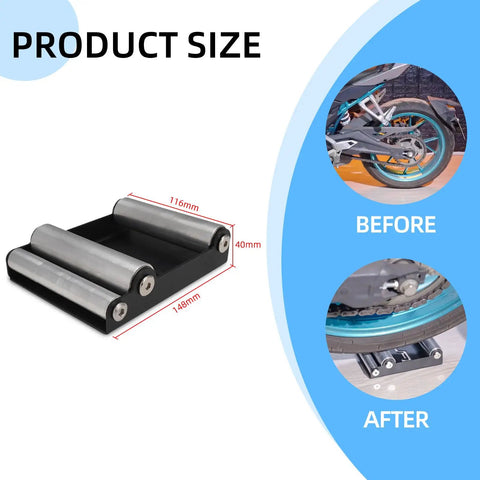 Motorcycle Wheel Cleaning Stand With Cleaning Brush Kit Universal Roller Paddock For Dirt Street Bikes And Ebikes For Tire Cleaning And Chain Lubrication Designed For Bikes Under 500 Lbs And Tire Width Under 180 Mm. Image showing size and rollers of stand with before and after usage example.