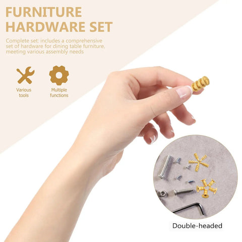 Person holding golden zinc alloy and copper shelf support brackets set with hidden table pins and sockets for furniture and wardrobe shelves.