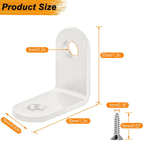 Product image of a 20 Pack Small White L Brackets Stainless Steel Corner Braces with size dimensions and pre-drilled holes shown.