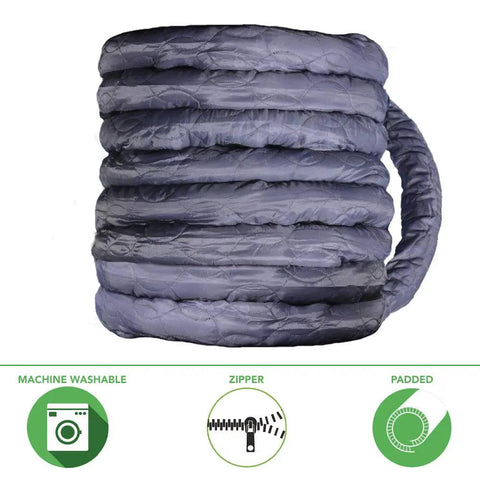 Universal Padded Hose Cover With Zipper For 35-37 Ft Hoses, coiled in gray, machine washable, padded for wall and corner protection