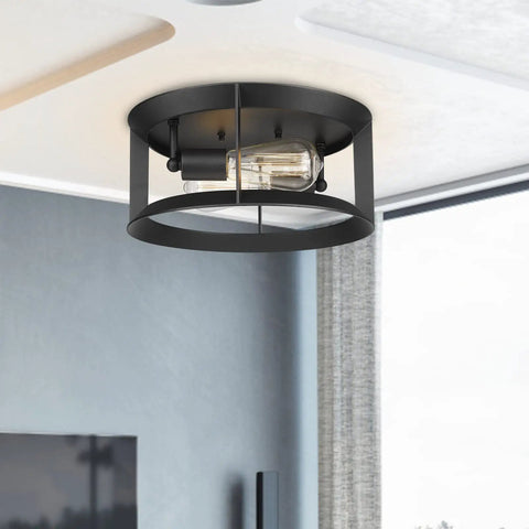 Dope Industrial Matte Black Flush Mount Ceiling Light Fixture With Two Lights E26 Sockets in modern room setting