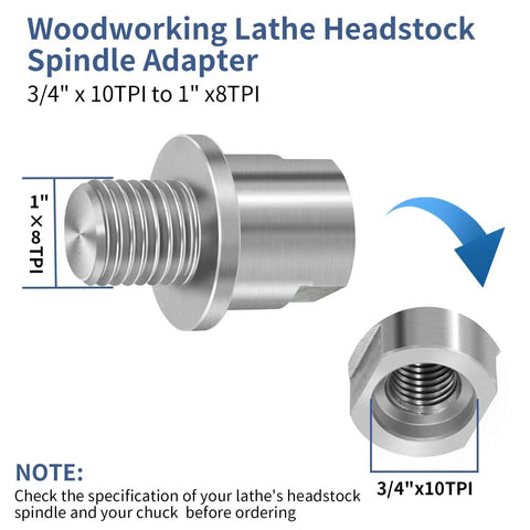 Precision Hardened Steel Woodworking Lathe Headstock Spindle Adapter for 3/4" x 10 TPI to 1" x 8 TPI chuck conversion.