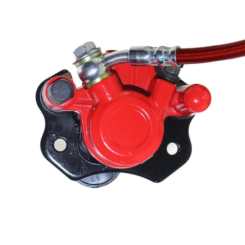 Close-up view of a red Rear Hydraulic Brake Assembly Kit for Go Karts and ATVs, featuring a caliper and master cylinder.