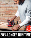 Man using PWRCore 20 Brushless 20V 5-Inch Random Orbital Sander on wood surface, emphasizing 25% longer run time.