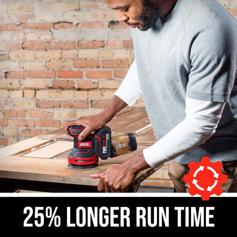 Man using PWRCore 20 Brushless 20V 5-Inch Random Orbital Sander on wood surface, emphasizing 25% longer run time.