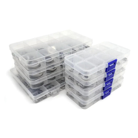Pro Grade Ultrathin Flat Washer Set M3 To M20 600 Pieces 0.2mm Stainless Steel 304 A2-70 Shim Gasket Kit Box For Precise Load Distribution, Corrosion Resistance, Indoor Outdoor Use, Durable Hardware Spacers stacked clear organizer boxes with washers