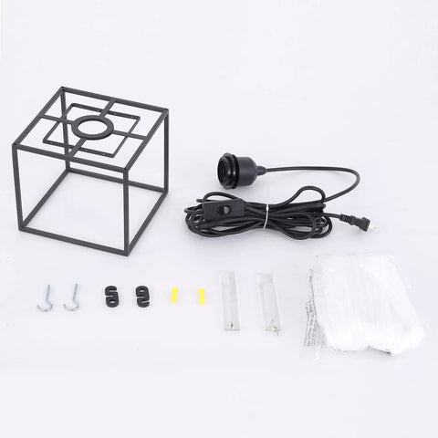 Plug In Pendant Light With Cord In Black Metal Cage And Crystal Accents disassembled, hardware and components shown.